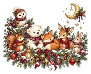 Fototapeta premium PNG woodland animals in winter scarves with crescent moon, transparent background