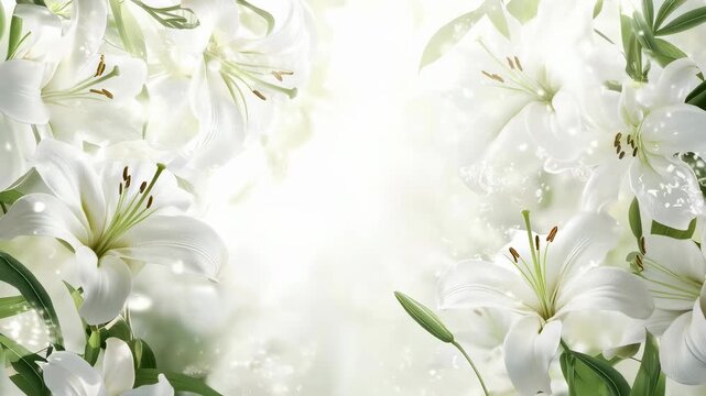 Elegant white lily flowers blooming with glowing bokeh background. Floral border and nature celebration design with copy space
