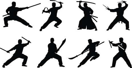 Traditional Martial Arts Weapon Silhouette Collection with Ninja Samurai and Kung Fu Symbols for Combat Sports Graphic Design Projects © Shilpi