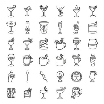 Christmas cocktail line art set with holiday drinks for festive party