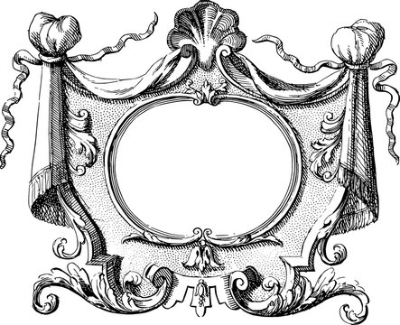 An illustration of a classic, vintage-style black-and-white oval frame, featuring curtain, ribbon, and seashell ornaments at the top.