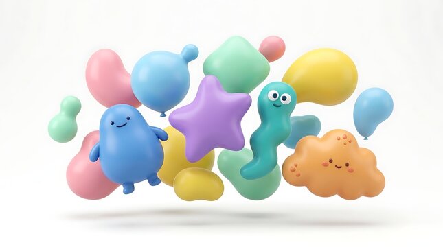 Colorful cartoon characters floating among pastel balloons and shapes