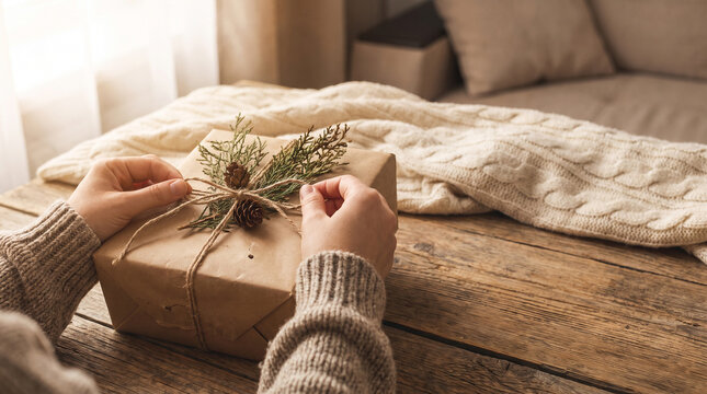 Hands wrapping a brown craft paper gift box decorated with natural pine and twine.