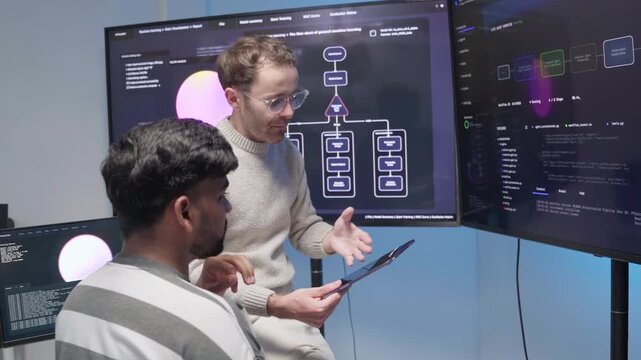 Software engineering use computer working development office are assisting algorithm systems or verifying code. Programmer teamwork using artificial intelligence on tablet analysis or writing coding