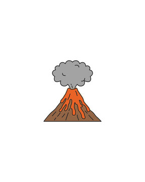 Hand drawn erupting volcano illustration with smoke and lava isolated on white background