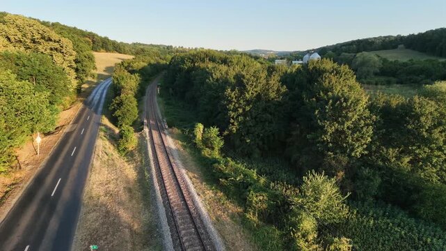 Landscape in Hungary with train railway, droen footage