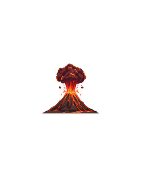 Volcano eruption vector illustration with glowing lava and smoke cloud isolated on white background