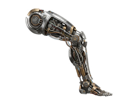 Futuristic Robotic Leg: A highly detailed prosthetic leg, crafted with intricate metallic components and visible wiring, exemplifies advanced robotics and bionic technology.