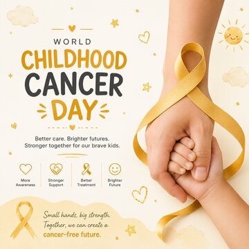 World Childhood Cancer Day poster template featuring parent and child hands holding a gold ribbon. Ideal for healthcare awareness campaigns and charity events