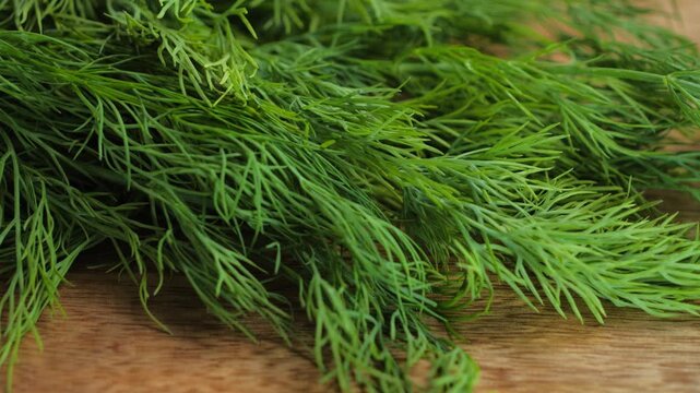 Fresh dill lying on a wooden surface, showing the green leaves and delicate texture of the herb. High quality 4k footage