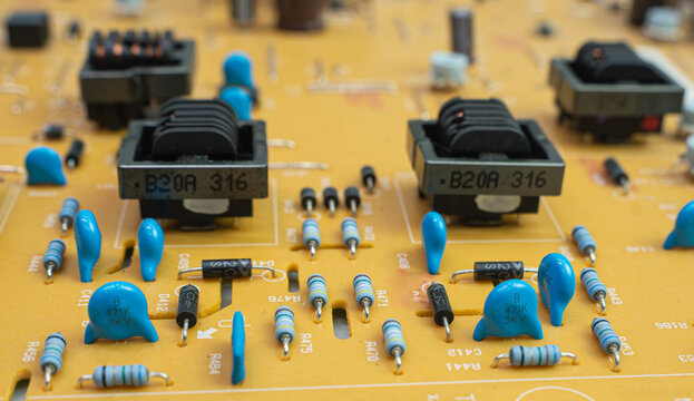 Electronic components on printed circuit board close up