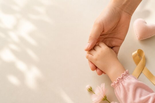 Adult hand gently holding a child's hand next to a gold ribbon and pink heart. Concept for childhood cancer awareness, love, and healthcare support