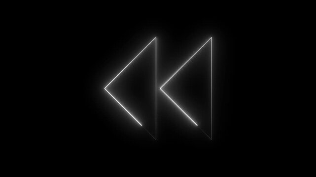 Animated white neon double triangle rewind icon left facing with glowing chase light effect. Minimalist media player video music streaming backward loop on black background. 4K animation