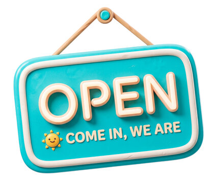3D clay style cyan open hanging sign for shop or cafe isolated on transparent background