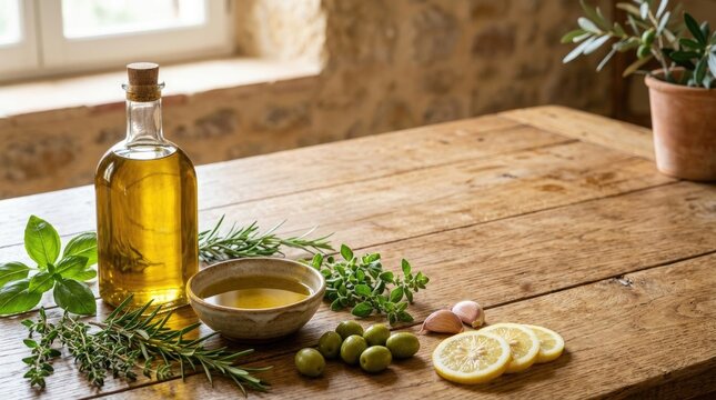 Glass bottle of golden extra virgin olive oil with fresh herbs and green olives on a rustic wooden table
