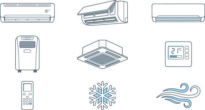 Air conditioning and climate control vector set featuring split AC units, portable air conditioner, ceiling cassette, thermostat, remote control, snowflake, and wind icons