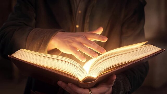 Ancient book glowing with golden light held by wizard. Fantasy storytelling concept with magical illumination. Close-up shot with camera tilting.