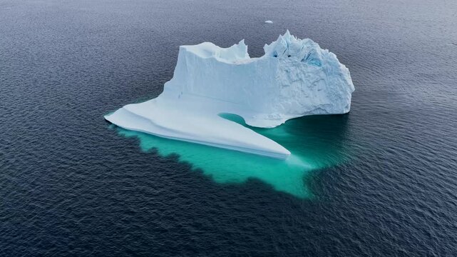Aerial view of an iceberg floating in dark blue water with turquoise underwater ice visible near Ilulissat, Avannaata Municipalit, Greenland.