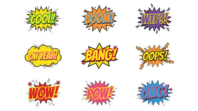 Set of colorful retro comic speech bubbles with various expressions