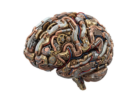 Steampunk Brain: An intricate steampunk-inspired brain sculpture, featuring a complex network of gears, pipes, and metallic components, symbolizing intelligence, creativity.
