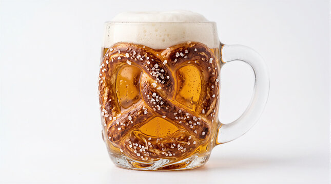 Glass beer mug shaped like salty pretzel filled with golden lager, oktoberfest bavarian festival food and drink hybrid creative design isolated concept