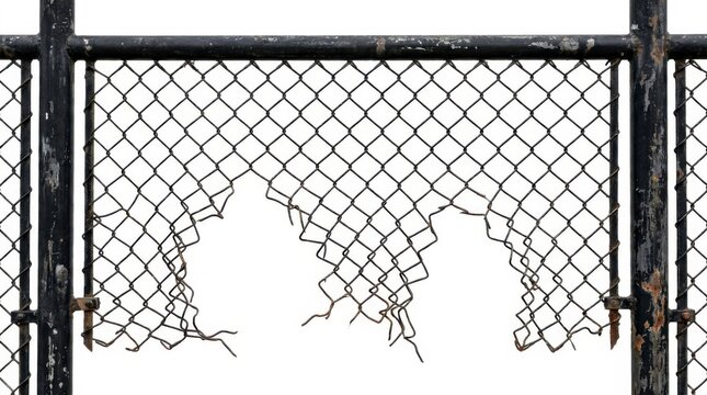 Close-up of a damaged and rusty chain link fence with a large hole, isolated on a clean white background, concept of damage and broken security