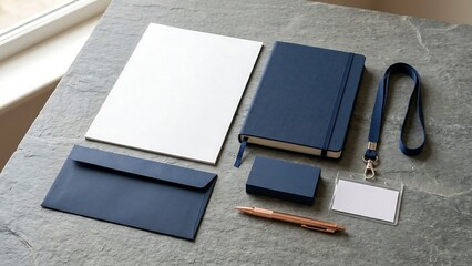 Fototapeta premium Minimalist corporate identity stationery mockup featuring blank blue notebook, envelope, business cards, white letterhead, lanyard, and rose gold pen on a textured grey stone surface.