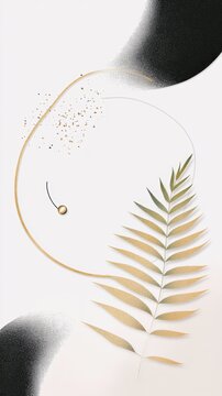 金色の葉と黒いインクの抽象的なデザイン。現代的でミニマルな背景素材。豪華な質感のグラフィック