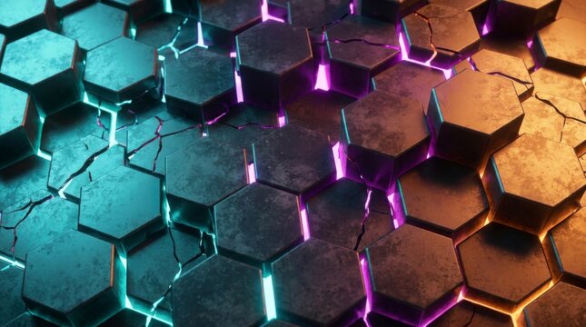 Abstract background of hexagonal pattern with glowing neon lights and cracked texture, symbolizing technology and connection, concept of technology and connection