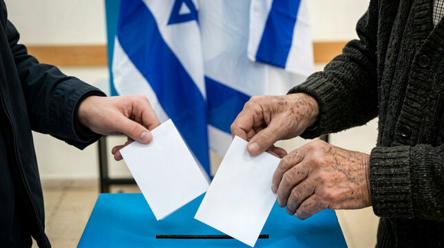 Two voters exchanging ballots at polling station with Israeli flag  