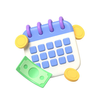 3D render of a blue and white desk calendar surrounded by gold coins and green paper money against a solid perfect for financial planning and schedules.3d render