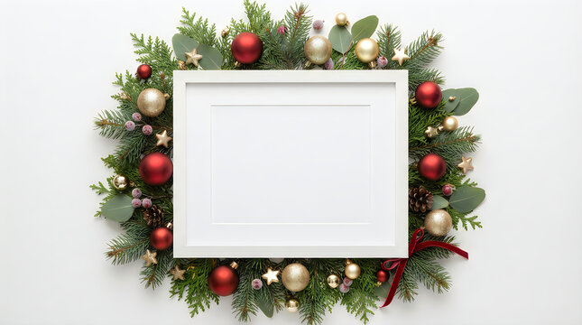 Christmas Elegant wreath frame with greenery, red berries, and gold ornaments perfect for