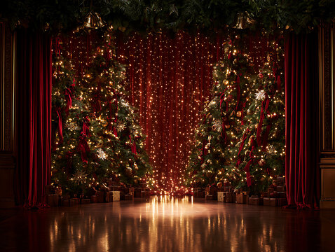 Grand theater stage decorated for Christmas with red velvet curtains framing two illuminated holiday trees and a sparkling light backdrop