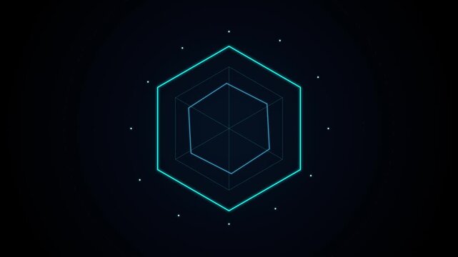 Glowing neon blue radar chart looping animation on dark background for futuristic sci fi tech