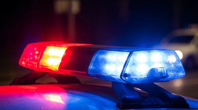 Bright red, white, and blue emergency lights flash on the roof of a police cruiser during a nighttime operation.