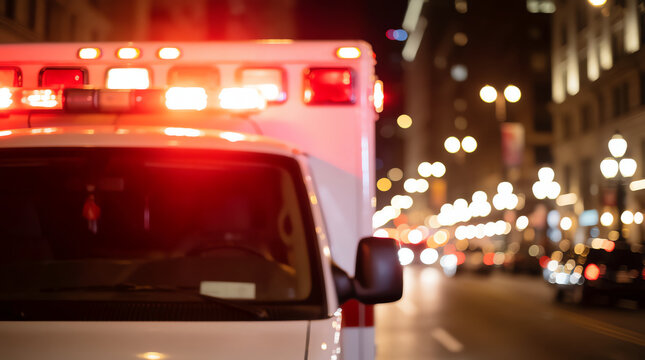 An ambulance with flashing red warning lights is parked on a city street at night, with blurred city streetlights in the background. 