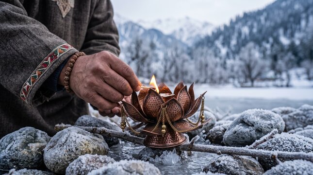 Man lighting lotus shaped brass lamp on frozen riverbank in Kashmir. Traditional winter ritual during Chillai Kalan in snowy landscape