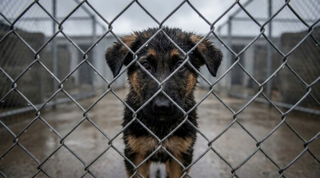 Sad wet puppy dog behind chain link fence at animal shelter or rescue looking directly at camera, concept of pet adoption and animal welfare