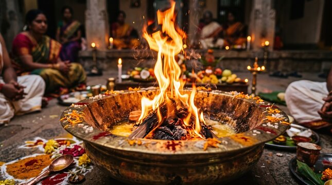 Sacred fire burning in brass havan kunda during Hindu ritual. Vedic pooja and yajna ceremony with devotees in temple courtyard
