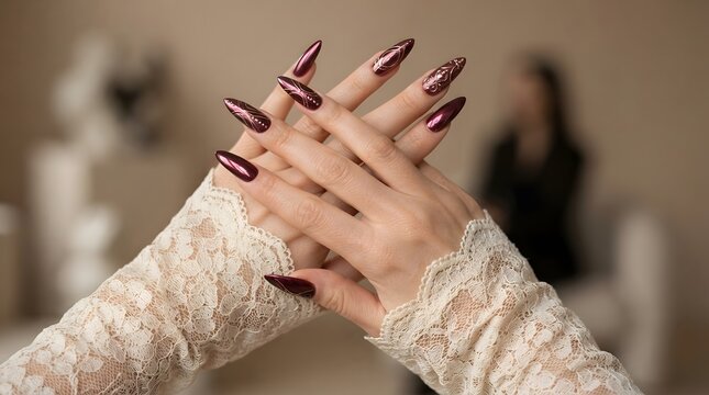 Elegant burgundy manicure with almond shaped nails and white lace sleeves for wedding beauty