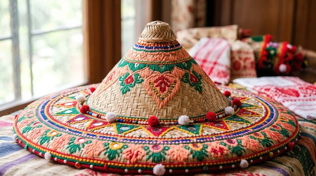 Traditional Assamese japi conical bamboo hat decorated with colorful embroidery and mirror work. Symbolic headwear of Assam India
