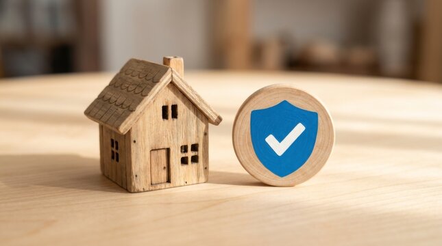Small wooden house model next to a blue shield icon with a checkmark, symbolizing home insurance, property protection, and security, concept of home insurance and property security