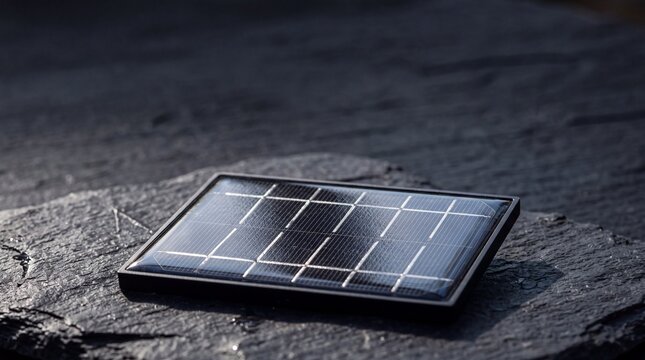 Compact solar panel resting on a dark slate stone surface outdoors