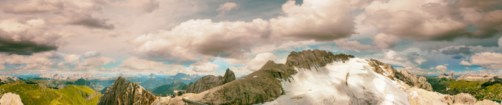 Marmolada mountain , italian dolomites. Panoramic sunset aerial view from drone