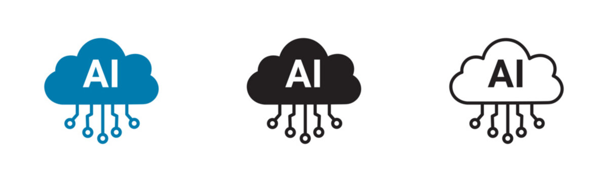 Cloud AI icon set. Artificial intelligence cloud computing with circuit board symbols in blue solid, black solid and outline styles for technology, data, machine learning, web and app design.