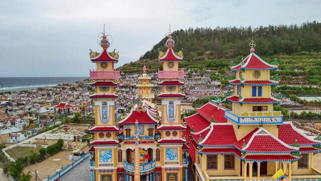Aerial view of the Mother Goddess Temple on Ly Son Island Vietnam beside the sea
