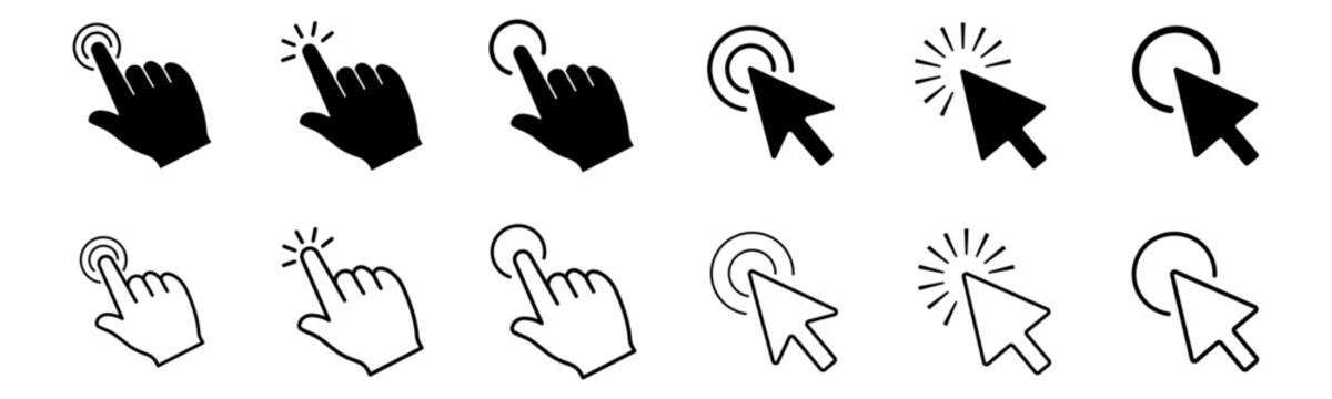 Cursor and hand click icon set. Pointer arrow and finger tap symbols with click effects in solid and outline styles for website, button, link, interface, UI, app and tutorial design.