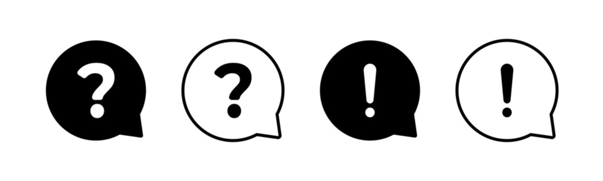 Speech bubble with exclamation and question mark icon set. Chat balloon symbols in solid and outline editable stroke styles for question, answer, alert, help, FAQ, support, message and web design.