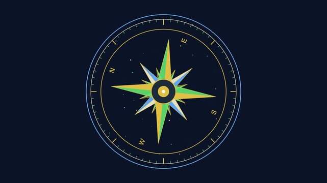 Animated compass rose rotating on dark background, for navigation and, travel concepts