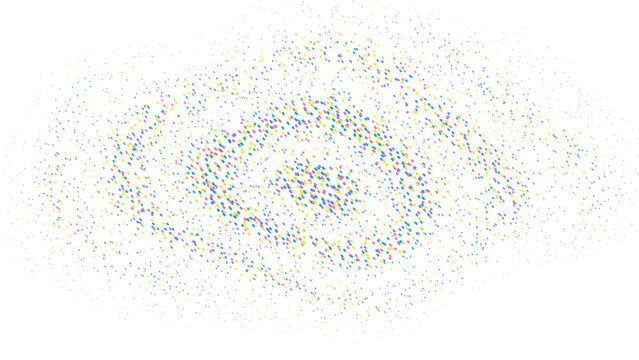 Concentric circular rings of multicolored glowing particles creating an eye like vortex effect on a dark black background, for digital isolated on a transparent background